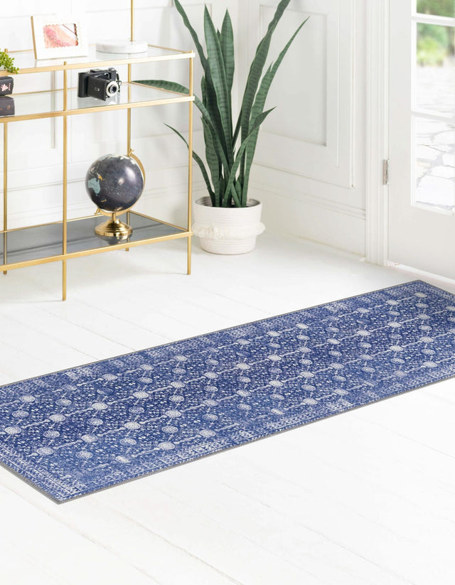 Washable Navy Blue 2' 6 x 12' Timeless Runner Area Rug Easy to Clean Stain Resistant & Durable Traditional Classic Vintage Design Carpet for Sale at Rug Engine