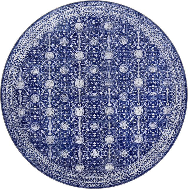 Washable Navy Blue 7' 6 x 7' 6 Timeless Round Area Rug Easy to Clean Stain Resistant & Durable Traditional Classic Vintage Design Carpet for Sale at Rug Engine