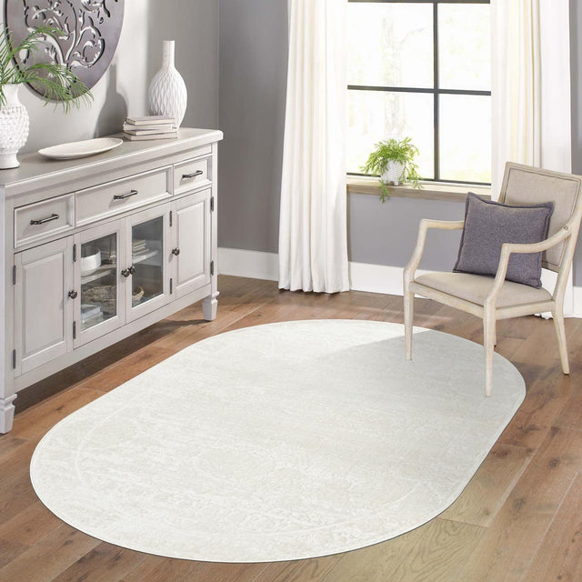 Ivory 7' 10 x 10' Finsbury Oval Area Rug 60% Polypropylene & 40% Polyester Contemporary Carpet for Living Rooms, Dining, Offices for Sale at Rug Engine
