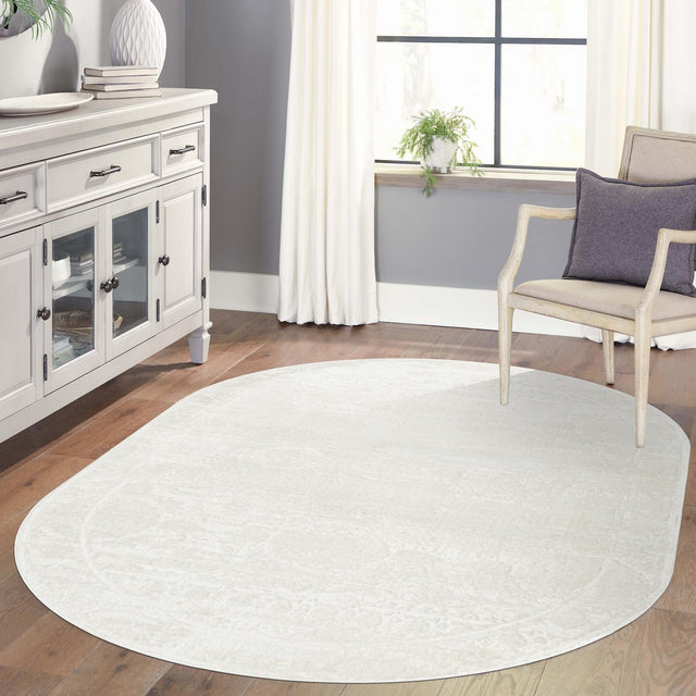 Ivory 5' 3 x 8' Finsbury Oval Area Rug 60% Polypropylene & 40% Polyester Contemporary Carpet for Living Rooms, Dining, Offices for Sale at Rug Engine