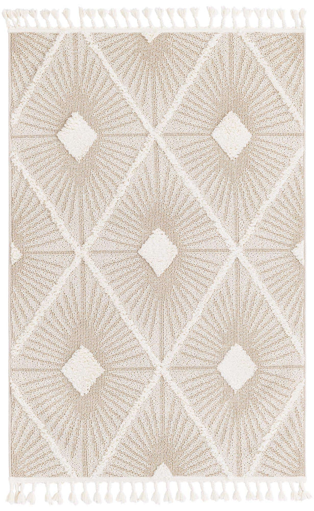 Ivory 4' 1 x 6' 1 Boho Rectangle Area Rug 100% Polyester With Cotton Backing Geometric Modern Boho Bohemian Decor Carpet for Living Rooms Office Dining Kitchen Unique Interior Design for Sale at Rug Engine