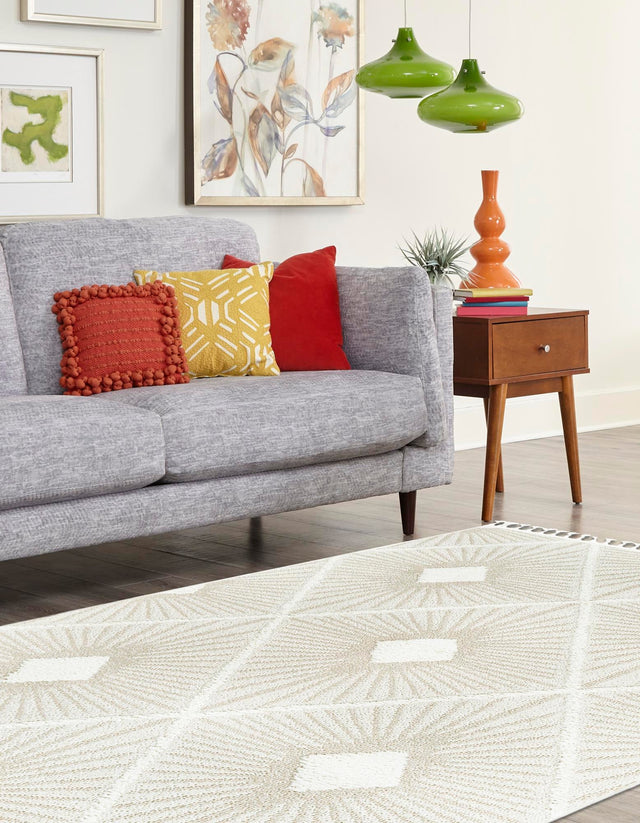 Ivory 9' x 12' Boho Rectangle Area Rug 100% Polyester With Cotton Backing Geometric Modern Boho Bohemian Decor Carpet for Living Rooms Office Dining Kitchen Unique Interior Design for Sale at Rug Engine