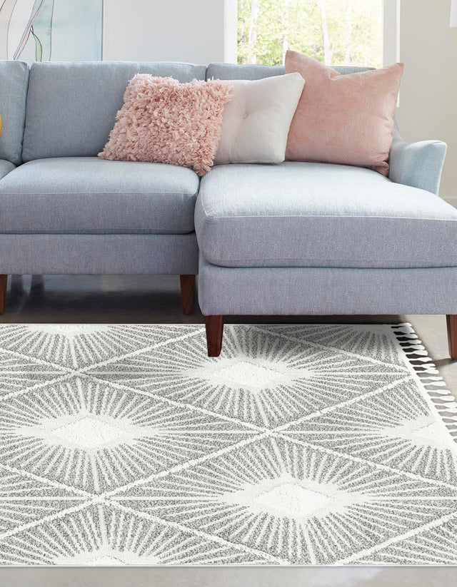 Gray Ivory 9' 6 x 14' 3 Boho Rectangle Area Rug 100% Polyester With Cotton Backing Geometric Modern Boho Bohemian Decor Carpet for Living Rooms Office Dining Kitchen Unique Interior Design for Sale at Rug Engine