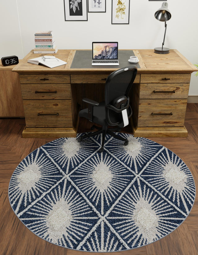 Blue 7' 10 x 7' 10 Boho Round Area Rug 100% Polyester With Cotton Backing Geometric Modern Boho Bohemian Decor Carpet for Living Rooms Office Dining Kitchen Unique Interior Design for Sale at Rug Engine