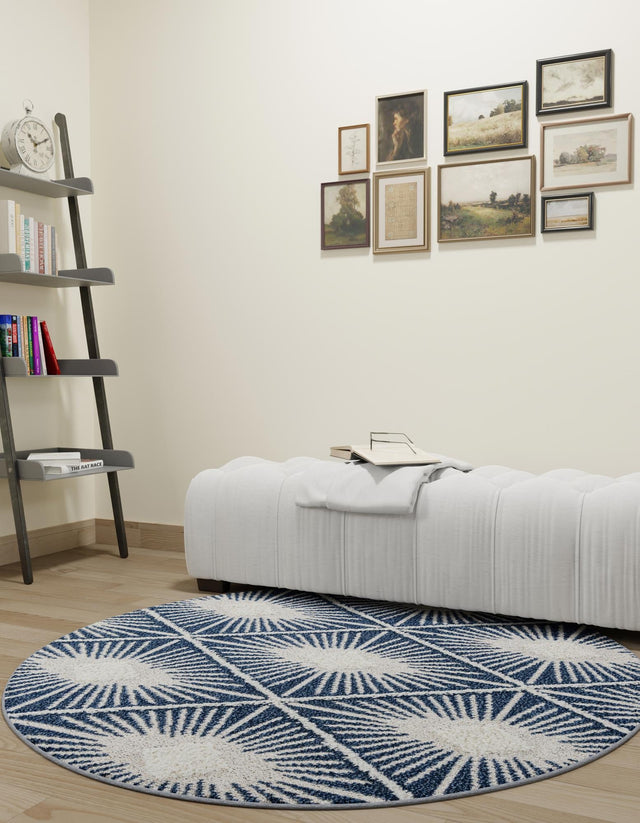 Blue 6' 1 x 6' 1 Boho Round Area Rug 100% Polyester With Cotton Backing Geometric Modern Boho Bohemian Decor Carpet for Living Rooms Office Dining Kitchen Unique Interior Design for Sale at Rug Engine