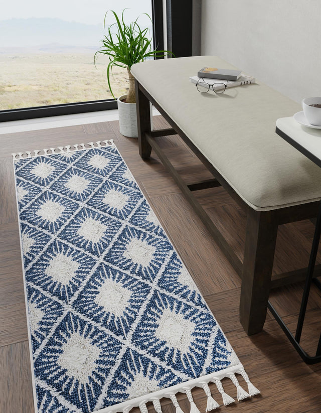 Blue 2' x 4' 1 Boho Runner Area Rug 100% Polyester With Cotton Backing Geometric Modern Boho Bohemian Decor Carpet for Living Rooms Office Dining Kitchen Unique Interior Design for Sale at Rug Engine