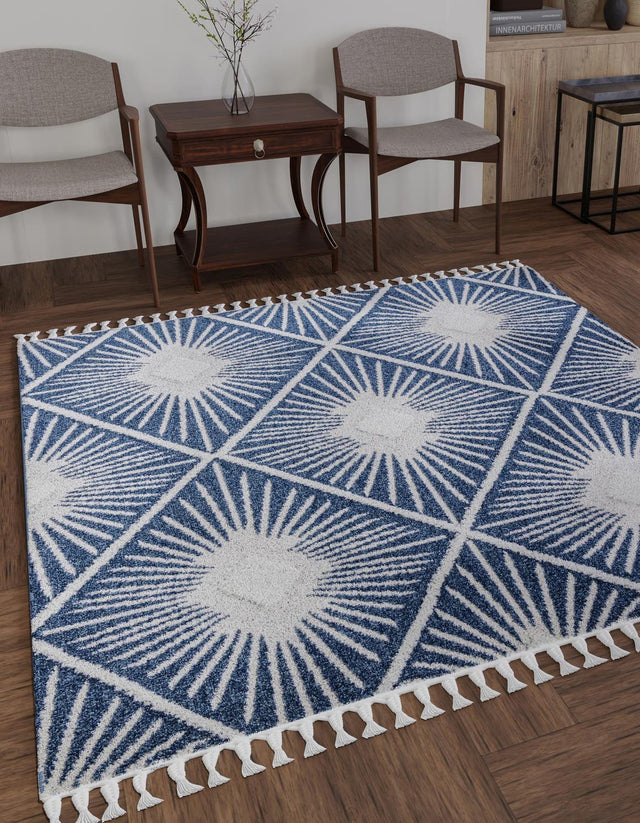 Blue 10' x 10' Boho Square Area Rug 100% Polyester With Cotton Backing Geometric Modern Boho Bohemian Decor Carpet for Living Rooms Office Dining Kitchen Unique Interior Design for Sale at Rug Engine
