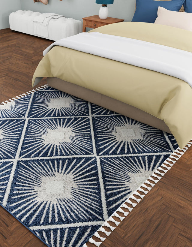 Blue 10' x 10' Boho Square Area Rug 100% Polyester With Cotton Backing Geometric Modern Boho Bohemian Decor Carpet for Living Rooms Office Dining Kitchen Unique Interior Design for Sale at Rug Engine