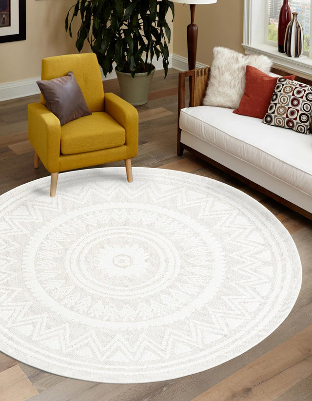 Ivory 4' 1 x 4' 1 Boho Round Area Rug 100% Polyester With Cotton Backing Geometric Modern Boho Bohemian Decor Carpet for Living Rooms Office Dining Kitchen Unique Interior Design for Sale at Rug Engine