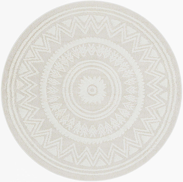 Ivory 7' 10 x 7' 10 Boho Round Area Rug 100% Polyester With Cotton Backing Geometric Modern Boho Bohemian Decor Carpet for Living Rooms Office Dining Kitchen Unique Interior Design for Sale at Rug Engine