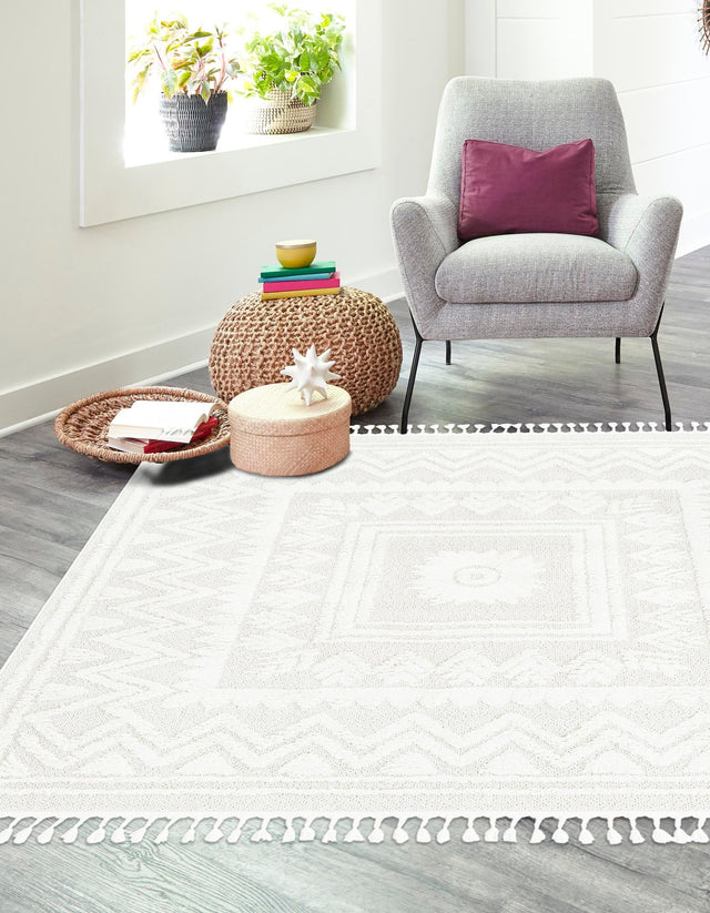 Ivory 7' 10 x 7' 10 Boho Square Area Rug 100% Polyester With Cotton Backing Geometric Modern Boho Bohemian Decor Carpet for Living Rooms Office Dining Kitchen Unique Interior Design for Sale at Rug Engine