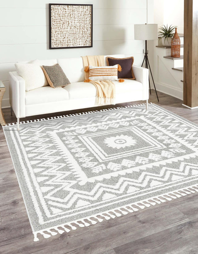 Gray 7' 10 x 7' 10 Boho Square Area Rug 100% Polyester With Cotton Backing Geometric Modern Boho Bohemian Decor Carpet for Living Rooms Office Dining Kitchen Unique Interior Design for Sale at Rug Engine