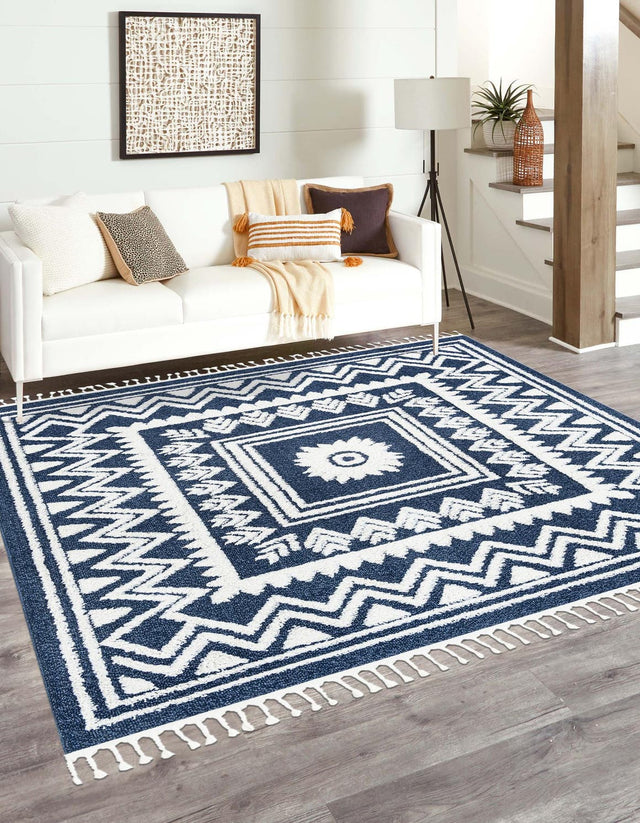 Blue 7' 10 x 7' 10 Boho Square Area Rug 100% Polyester With Cotton Backing Geometric Modern Boho Bohemian Decor Carpet for Living Rooms Office Dining Kitchen Unique Interior Design for Sale at Rug Engine