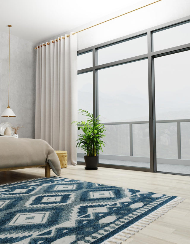 Blue 7' 10 x 7' 10 Boho Square Area Rug 100% Polyester With Cotton Backing Geometric Modern Boho Bohemian Decor Carpet for Living Rooms Office Dining Kitchen Unique Interior Design for Sale at Rug Engine