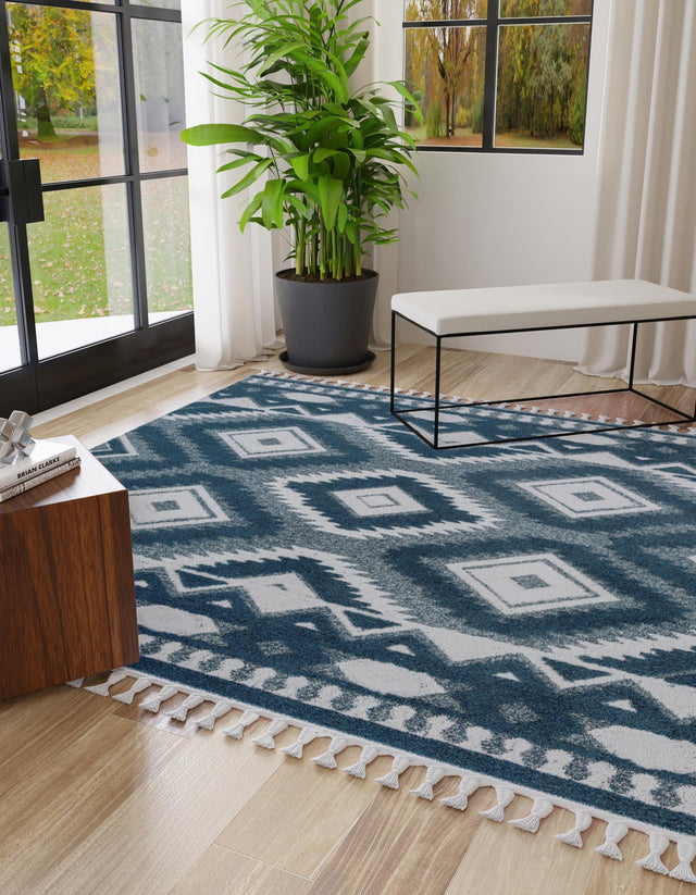 Blue 7' 10 x 7' 10 Boho Square Area Rug 100% Polyester With Cotton Backing Geometric Modern Boho Bohemian Decor Carpet for Living Rooms Office Dining Kitchen Unique Interior Design for Sale at Rug Engine