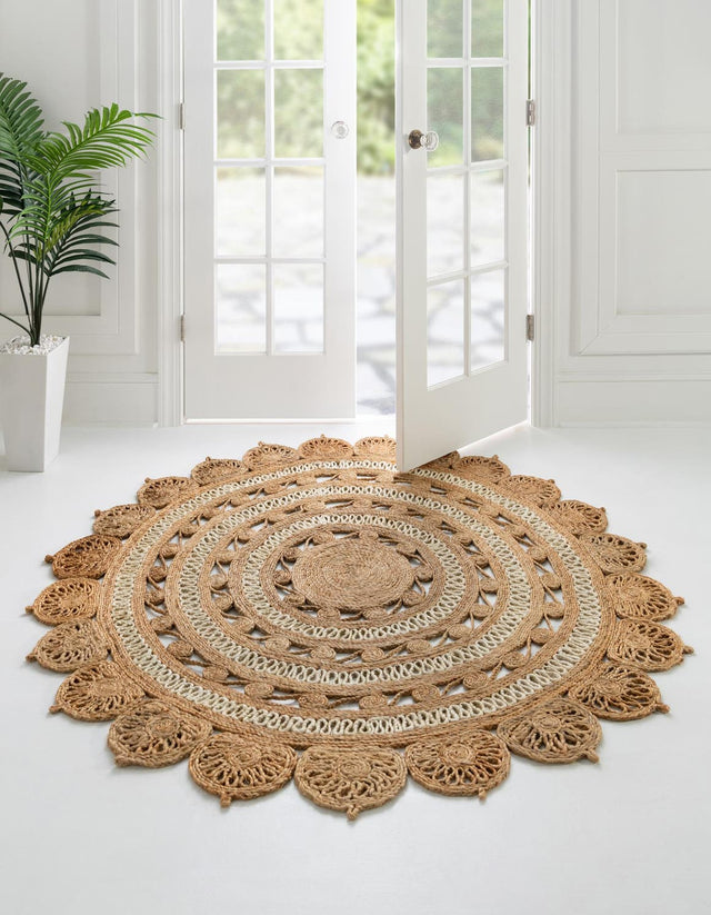 Natural and White 2' x 2' Braided Jute Round Area Rug 100% Jute Hand Braided Natural Eco-Friendly Boho Style Carpet for Living Rooms Dining Office Space Dorms for Sale at Rug Engine
