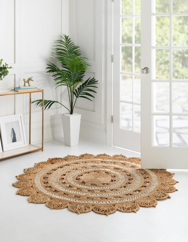 Natural and White 2' x 2' Braided Jute Round Area Rug 100% Jute Hand Braided Natural Eco-Friendly Boho Style Carpet for Living Rooms Dining Office Space Dorms for Sale at Rug Engine