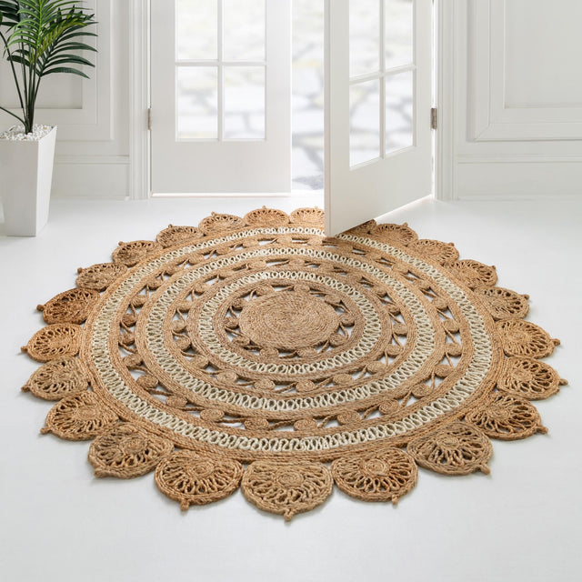 Natural and White 2' x 2' Braided Jute Round Area Rug 100% Jute Hand Braided Natural Eco-Friendly Boho Style Carpet for Living Rooms Dining Office Space Dorms for Sale at Rug Engine