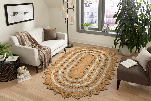 Natural and White 4' 1 x 6' 1 Braided Jute Oval Area Rug 100% Jute Hand Braided Natural Eco-Friendly Boho Style Carpet for Living Rooms Dining Office Space Dorms for Sale at Rug Engine