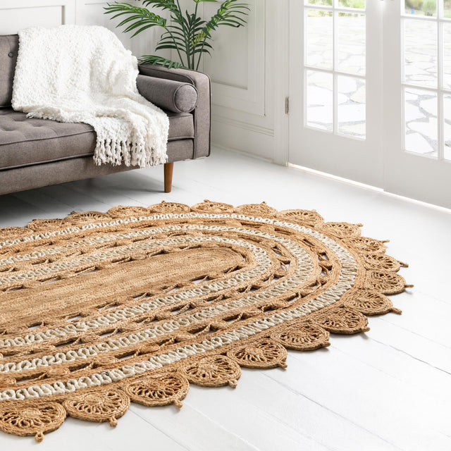 Natural and White 7' 10 x 10' Braided Jute Oval Area Rug 100% Jute Hand Braided Natural Eco-Friendly Boho Style Carpet for Living Rooms Dining Office Space Dorms for Sale at Rug Engine