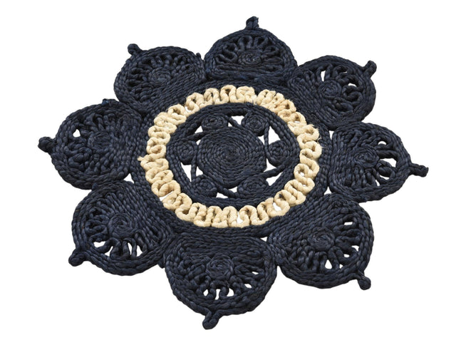 Navy Blue and White 2' x 2' Braided Jute Round Area Rug 100% Jute Hand Braided Natural Eco-Friendly Boho Style Carpet for Living Rooms Dining Office Space Dorms for Sale at Rug Engine