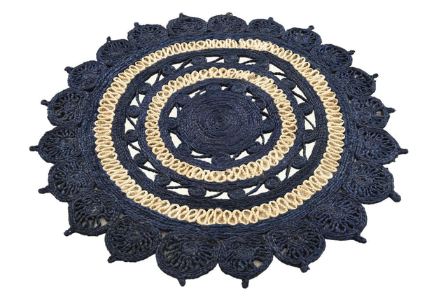 Navy Blue and White 4' 1 x 4' 1 Braided Jute Round Area Rug 100% Jute Hand Braided Natural Eco-Friendly Boho Style Carpet for Living Rooms Dining Office Space Dorms for Sale at Rug Engine