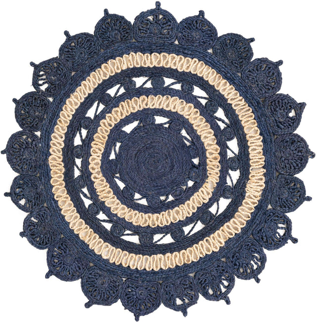 Navy Blue and White 4' 1 x 4' 1 Braided Jute Round Area Rug 100% Jute Hand Braided Natural Eco-Friendly Boho Style Carpet for Living Rooms Dining Office Space Dorms for Sale at Rug Engine