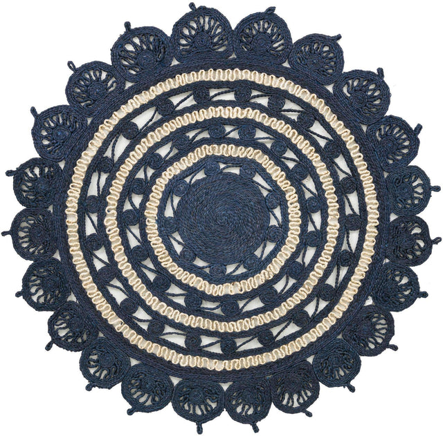 Navy Blue and White 5' 1 x 5' 1 Braided Jute Round Area Rug 100% Jute Hand Braided Natural Eco-Friendly Boho Style Carpet for Living Rooms Dining Office Space Dorms for Sale at Rug Engine