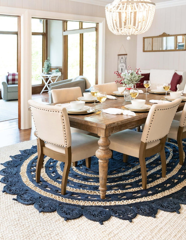 Navy Blue and White 7' 10 x 10' Braided Jute Oval Area Rug 100% Jute Hand Braided Natural Eco-Friendly Boho Style Carpet for Living Rooms Dining Office Space Dorms for Sale at Rug Engine