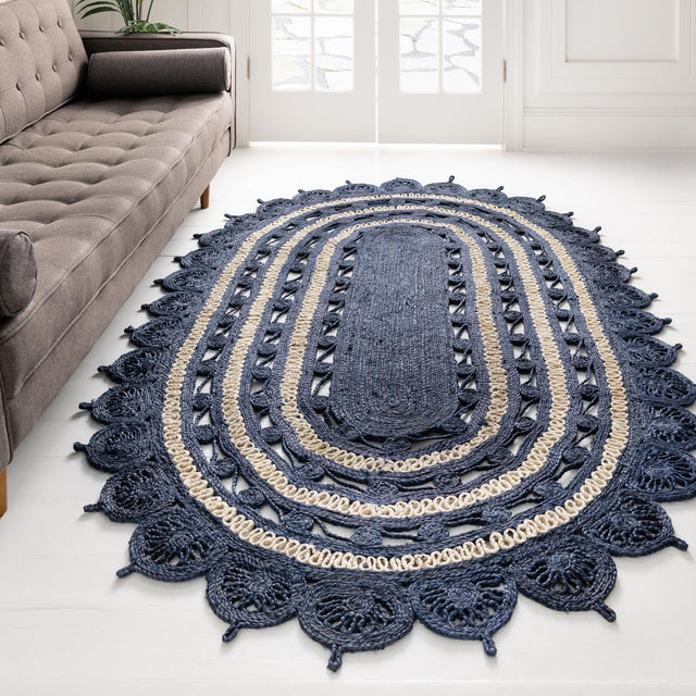 Navy Blue and White 2' x 3' 1 Braided Jute Oval Area Rug 100% Jute Hand Braided Natural Eco-Friendly Boho Style Carpet for Living Rooms Dining Office Space Dorms for Sale at Rug Engine