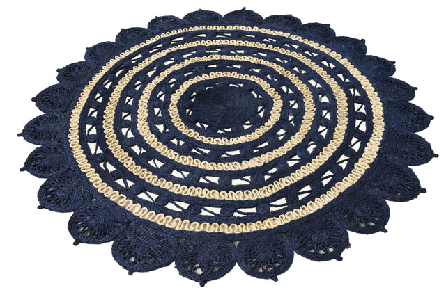 Navy Blue and White 6' 1 x 6' 1 Braided Jute Round Area Rug 100% Jute Hand Braided Natural Eco-Friendly Boho Style Carpet for Living Rooms Dining Office Space Dorms for Sale at Rug Engine