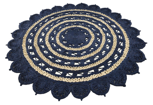 Navy Blue and White 6' 1 x 6' 1 Braided Jute Round Area Rug 100% Jute Hand Braided Natural Eco-Friendly Boho Style Carpet for Living Rooms Dining Office Space Dorms for Sale at Rug Engine
