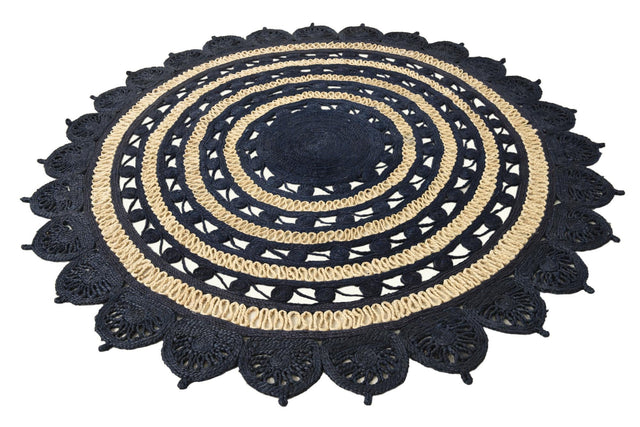 Navy Blue and White 7' 10 x 7' 10 Braided Jute Round Area Rug 100% Jute Hand Braided Natural Eco-Friendly Boho Style Carpet for Living Rooms Dining Office Space Dorms for Sale at Rug Engine