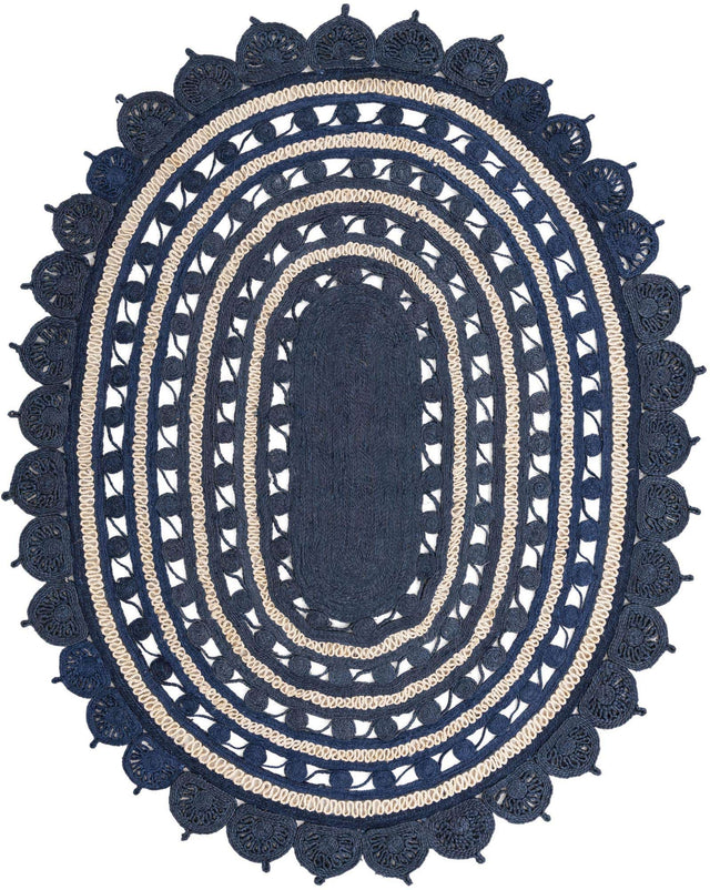 Navy Blue and White 7' 10 x 10' Braided Jute Oval Area Rug 100% Jute Hand Braided Natural Eco-Friendly Boho Style Carpet for Living Rooms Dining Office Space Dorms for Sale at Rug Engine