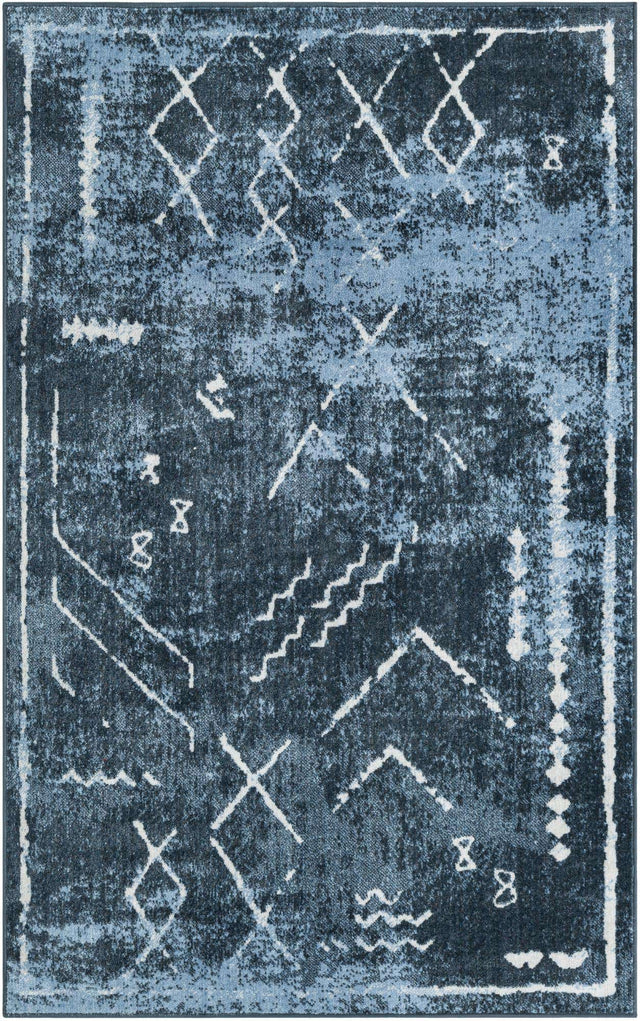 Washable Navy Blue 4' 1 x 6' 1 Kamala Washable Rectangle Area Rug Easy to Clean Stain Resistant & Durable 100% Polyester Spill-Friendly Carpet for Sale at Rug Engine