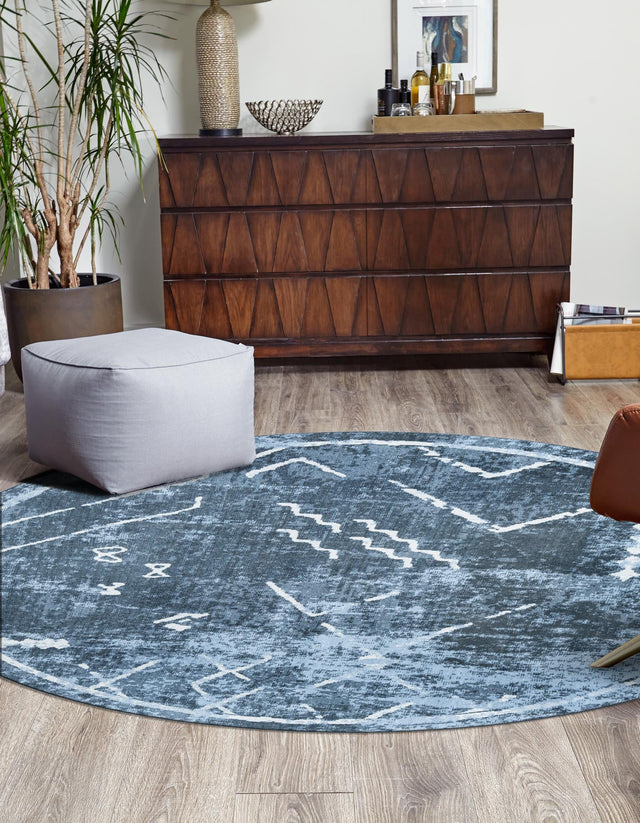 Washable Navy Blue 5' 3 x 5' 3 Kamala Washable Round Area Rug Easy to Clean Stain Resistant & Durable 100% Polyester Spill-Friendly Carpet for Sale at Rug Engine