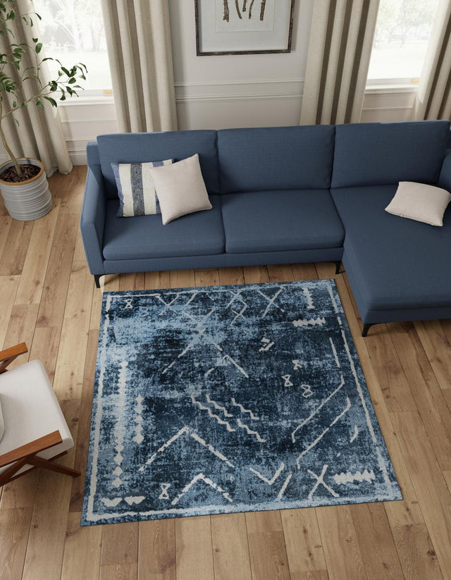 Washable Navy Blue 7' 10 x 7' 10 Kamala Washable Square Area Rug Easy to Clean Stain Resistant & Durable 100% Polyester Spill-Friendly Carpet for Sale at Rug Engine