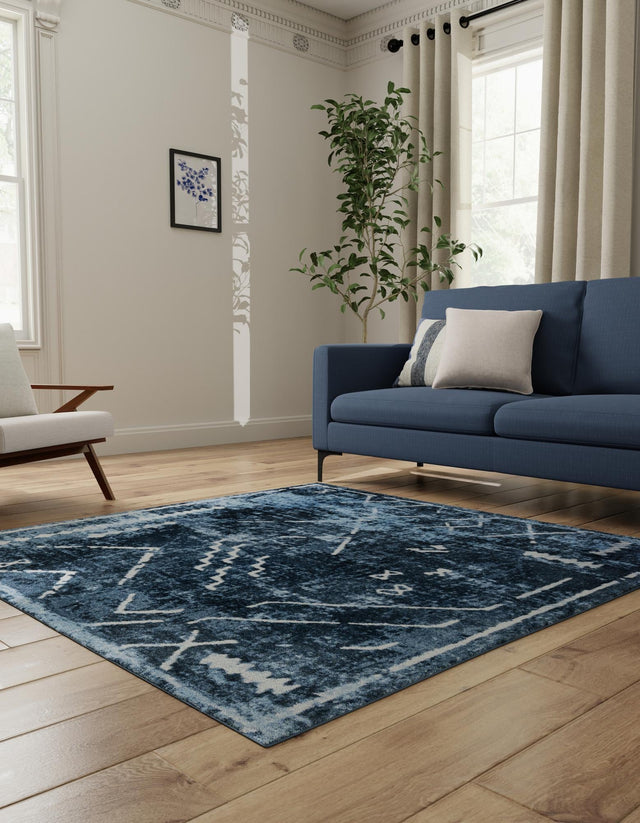 Washable Navy Blue 7' 10 x 7' 10 Kamala Washable Square Area Rug Easy to Clean Stain Resistant & Durable 100% Polyester Spill-Friendly Carpet for Sale at Rug Engine