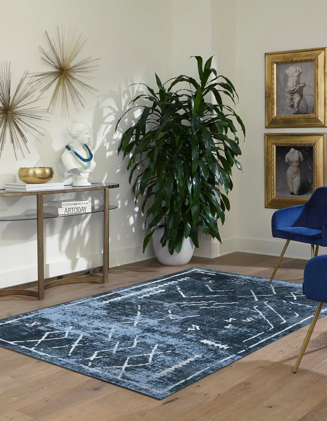 Washable Navy Blue 9' x 12' Kamala Washable Rectangle Area Rug Easy to Clean Stain Resistant & Durable 100% Polyester Spill-Friendly Carpet for Sale at Rug Engine
