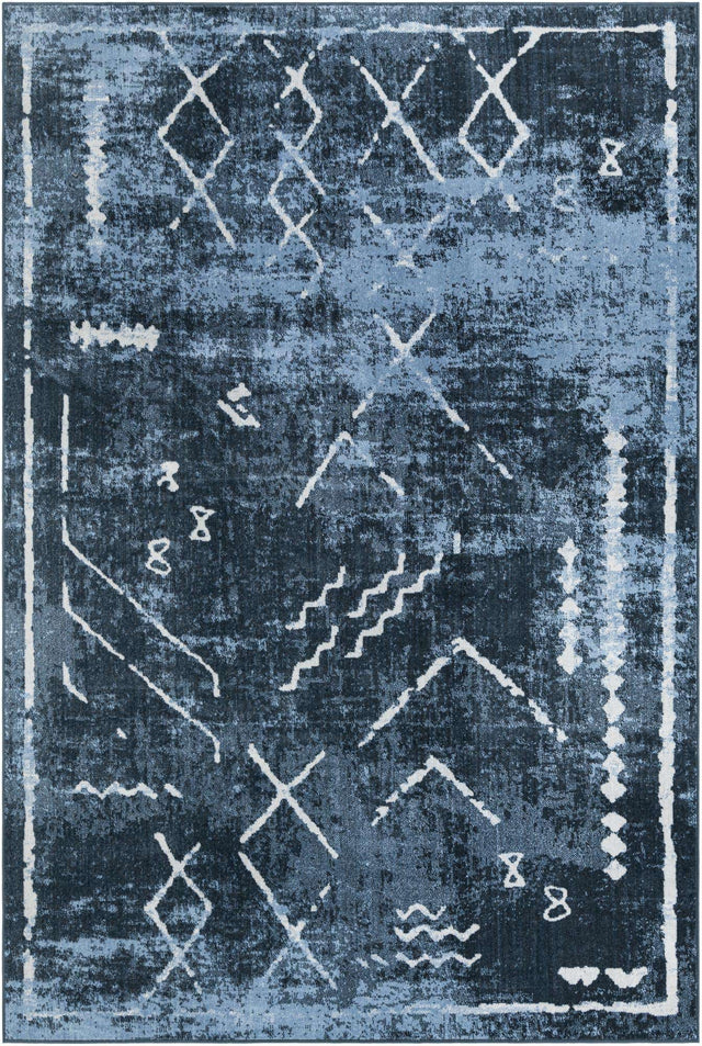 Washable Navy Blue 6' 1 x 9' Kamala Washable Rectangle Area Rug Easy to Clean Stain Resistant & Durable 100% Polyester Spill-Friendly Carpet for Sale at Rug Engine
