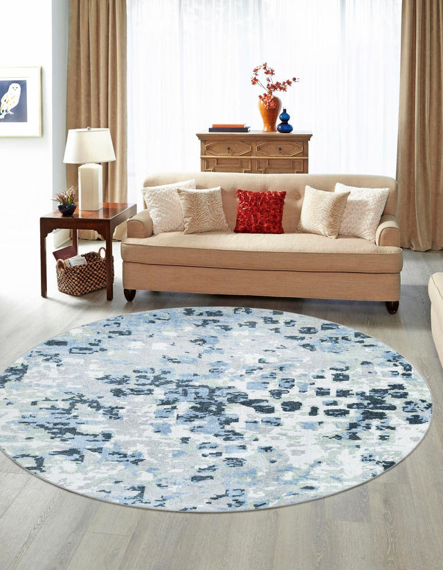 Washable Gray Navy Green 3' 3 x 3' 3 Kamala Washable Round Area Rug Easy to Clean Stain Resistant & Durable 100% Polyester Spill-Friendly Carpet for Sale at Rug Engine