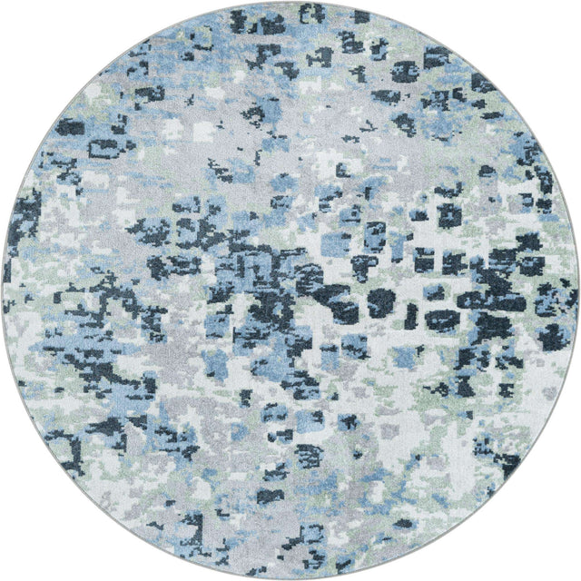 Washable Gray Navy Green 5' 3 x 5' 3 Kamala Washable Round Area Rug Easy to Clean Stain Resistant & Durable 100% Polyester Spill-Friendly Carpet for Sale at Rug Engine
