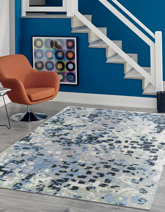 Washable Gray Navy Green 5' 3 x 8' Kamala Washable Rectangle Area Rug Easy to Clean Stain Resistant & Durable 100% Polyester Spill-Friendly Carpet for Sale at Rug Engine