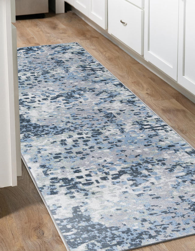 Washable Gray Navy Green 2' 7 x 12' Kamala Washable Runner Area Rug Easy to Clean Stain Resistant & Durable 100% Polyester Spill-Friendly Carpet for Sale at Rug Engine