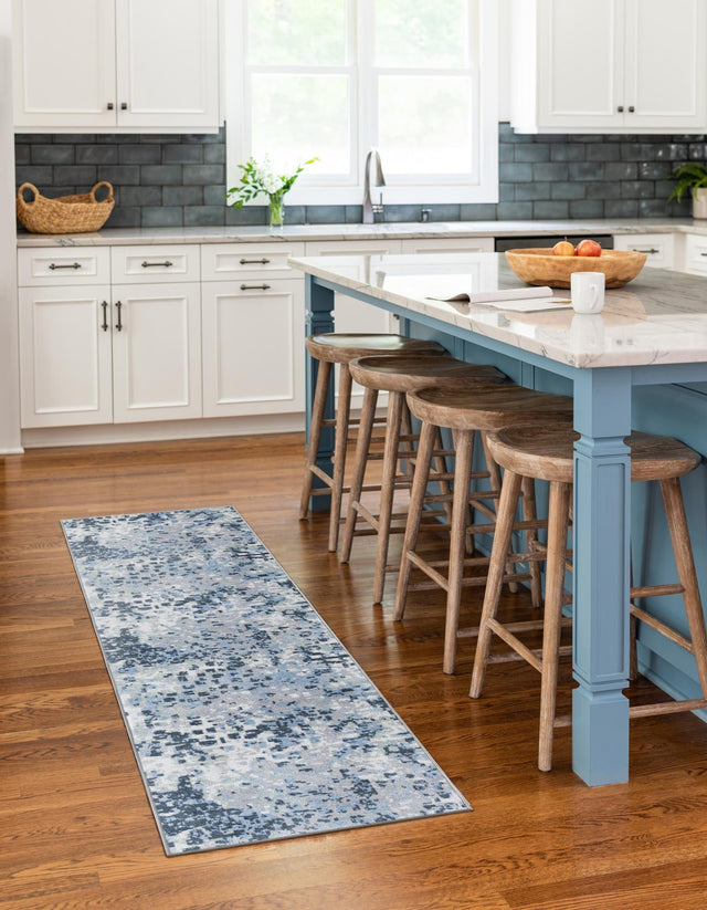 Washable Gray Navy Green 2' x 4' 1 Kamala Washable Runner Area Rug Easy to Clean Stain Resistant & Durable 100% Polyester Spill-Friendly Carpet for Sale at Rug Engine