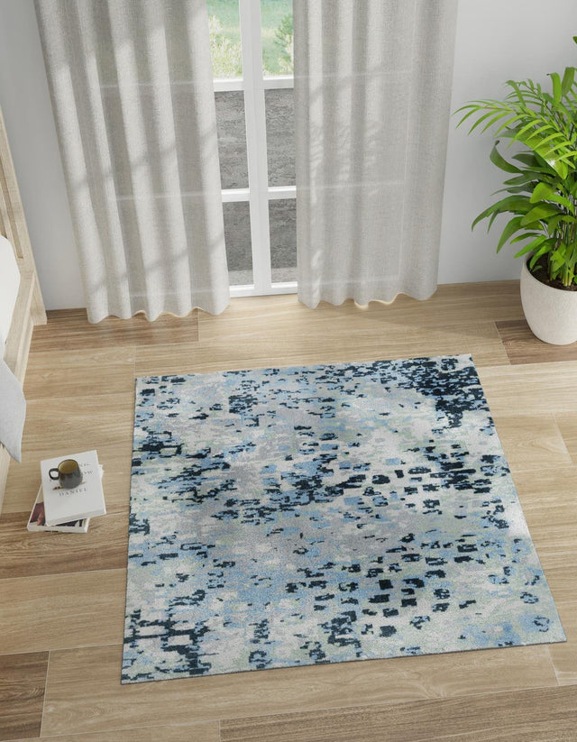 Washable Gray Navy Green 7' 10 x 7' 10 Kamala Washable Square Area Rug Easy to Clean Stain Resistant & Durable 100% Polyester Spill-Friendly Carpet for Sale at Rug Engine