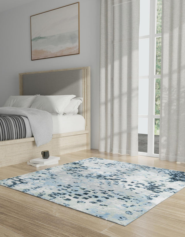 Washable Gray Navy Green 7' 10 x 7' 10 Kamala Washable Square Area Rug Easy to Clean Stain Resistant & Durable 100% Polyester Spill-Friendly Carpet for Sale at Rug Engine
