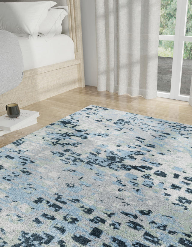 Washable Gray Navy Green 7' 10 x 7' 10 Kamala Washable Square Area Rug Easy to Clean Stain Resistant & Durable 100% Polyester Spill-Friendly Carpet for Sale at Rug Engine