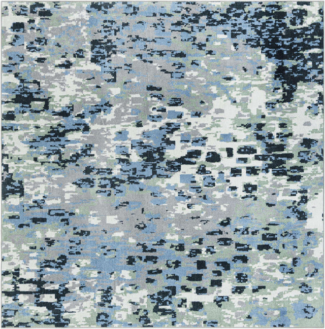 Washable Gray Navy Green 7' 10 x 7' 10 Kamala Washable Square Area Rug Easy to Clean Stain Resistant & Durable 100% Polyester Spill-Friendly Carpet for Sale at Rug Engine