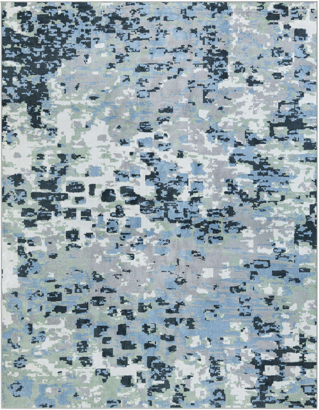 Washable Gray Navy Green 7' 10 x 10' Kamala Washable Rectangle Area Rug Easy to Clean Stain Resistant & Durable 100% Polyester Spill-Friendly Carpet for Sale at Rug Engine